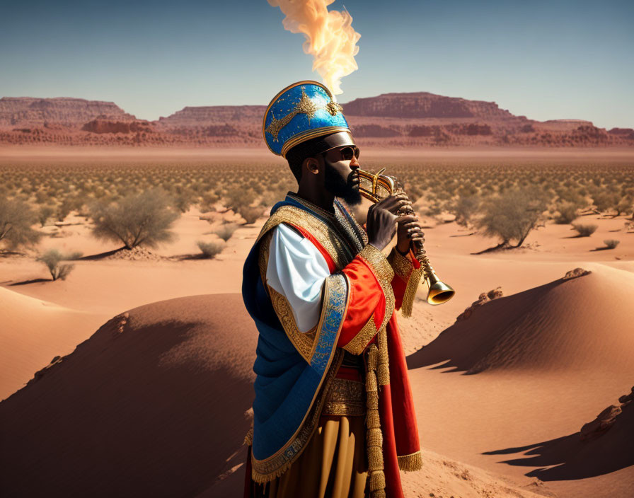 Regal figure in ornate attire plays trumpet in desert setting