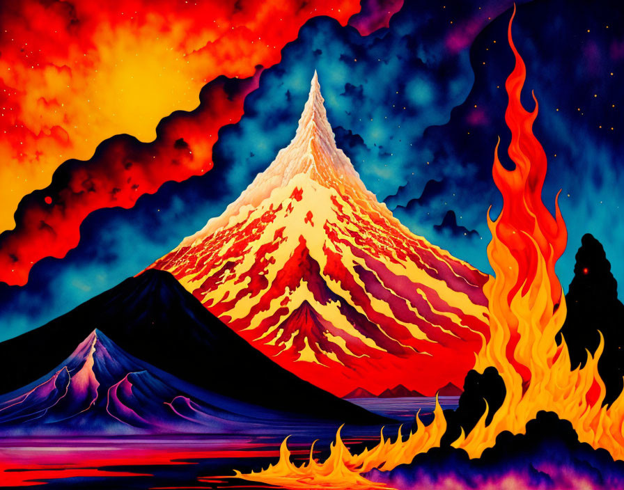 Snow-capped mountain painting with fiery sky and lava flow.