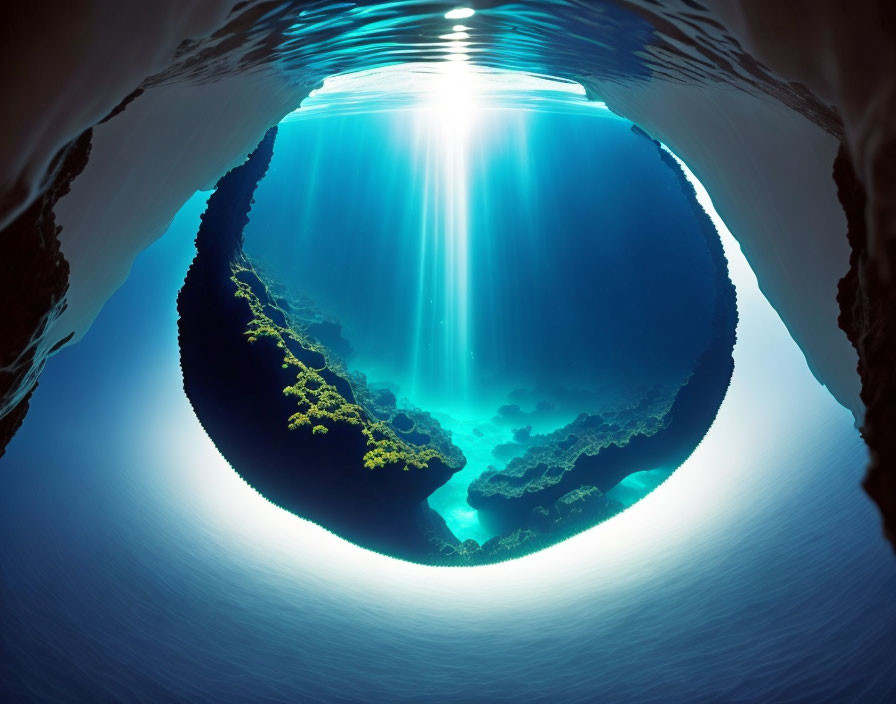 Sunlit underwater cave with blue water, rock formations, and aquatic plants.