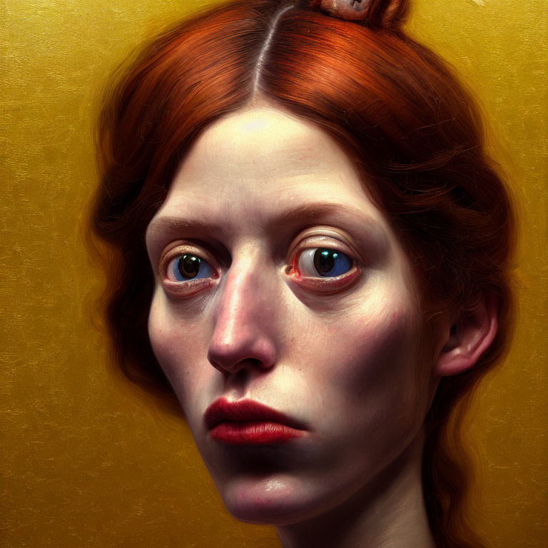 Realistic portrait of a woman with auburn hair and expressive eyes