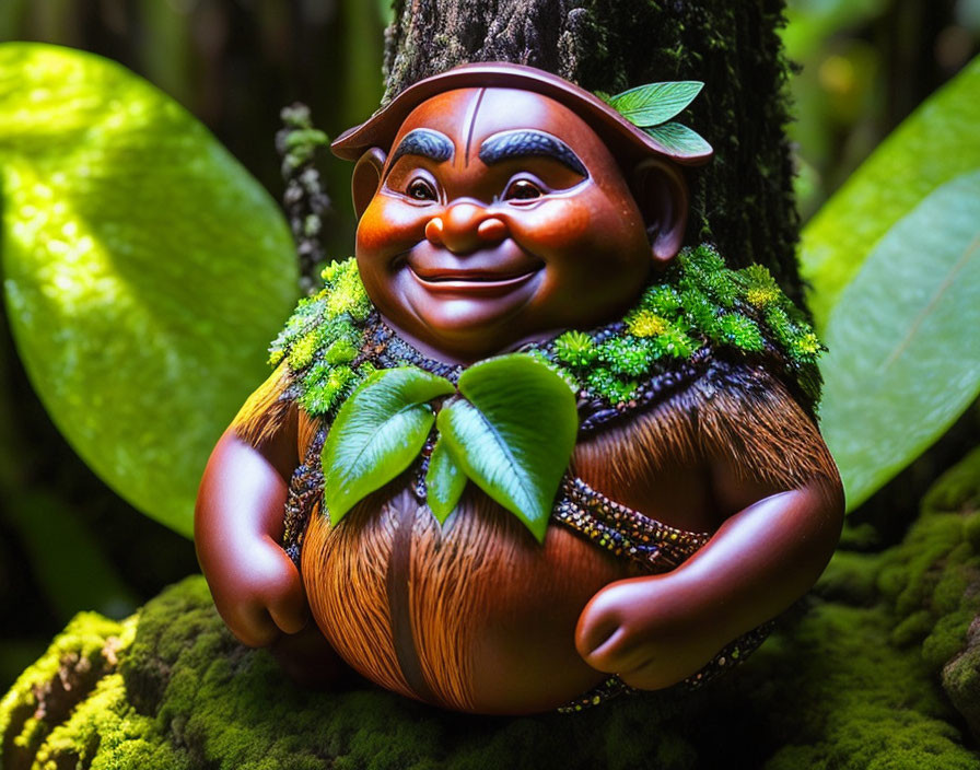 Colorful Smiling Character Figurine Among Green Leaves and Moss