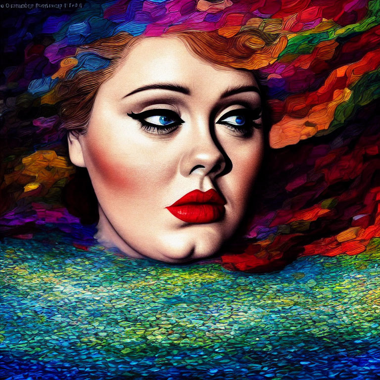 Colorful Textured Hair and Makeup Portrait of Woman with Intense Gaze