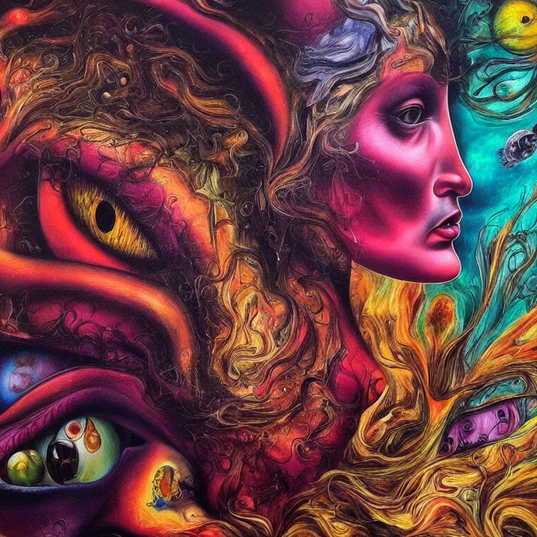 Colorful Psychedelic Artwork Featuring Human Faces and Cosmic Elements