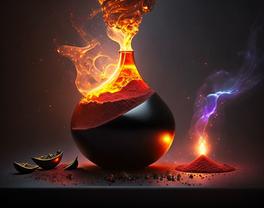 Mystical cauldron overflowing with lava and swirling smoke beside sliced citrus on dark background