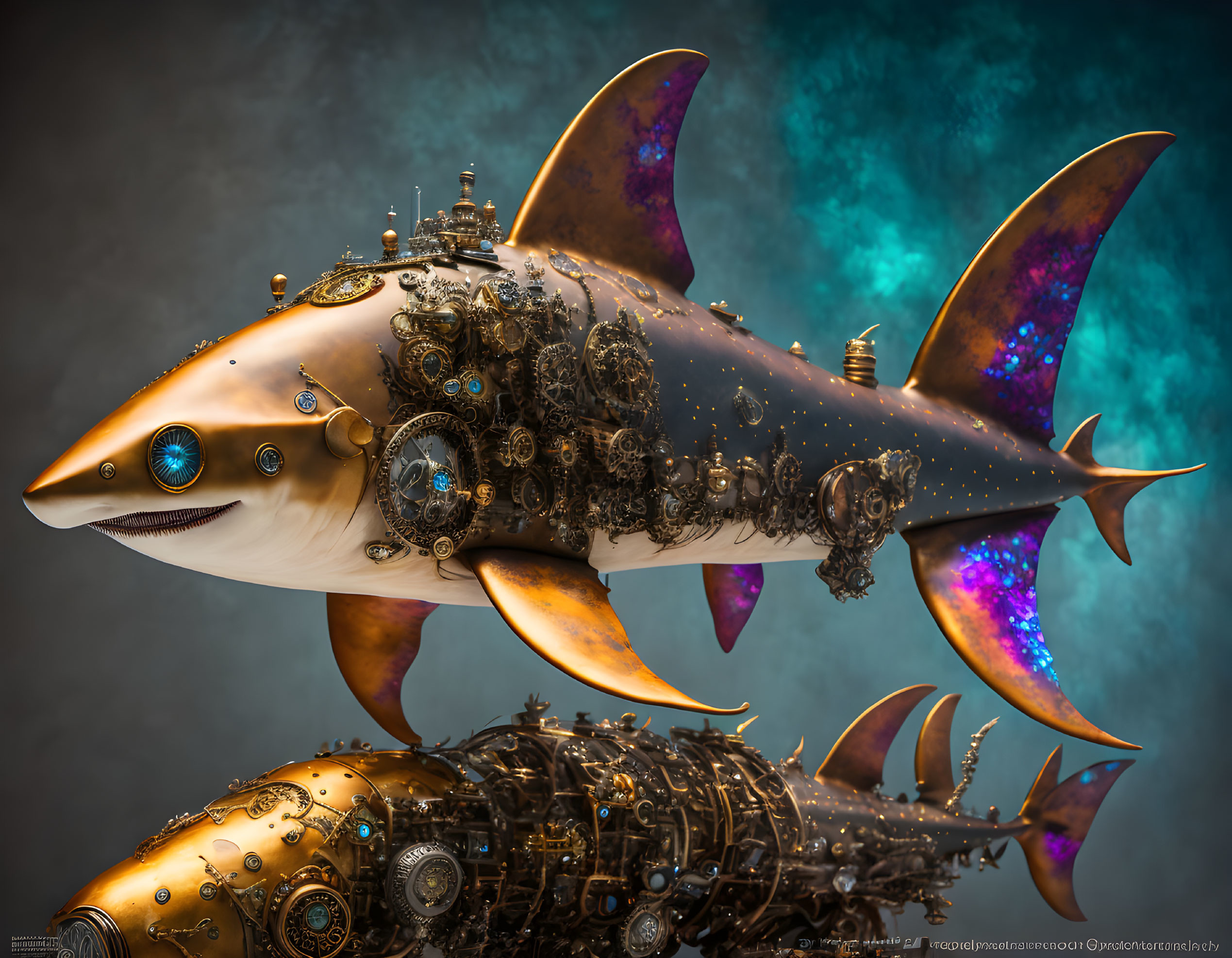 Steampunk-style mechanical shark with gears and pipes on blue and tan backdrop