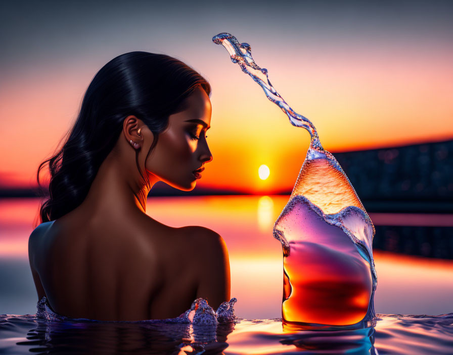 Woman admiring sunset with spilled glass mirroring silhouette