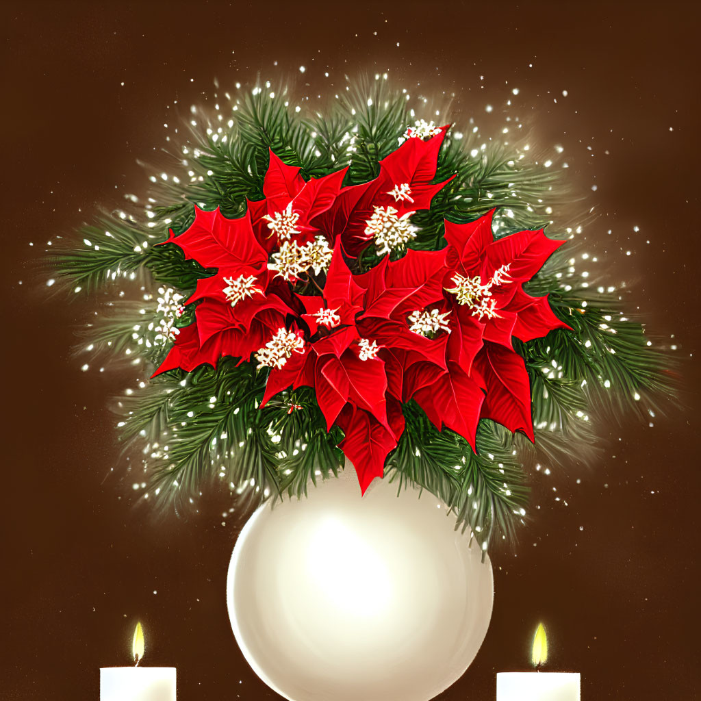 Vibrant red poinsettias with white berries and snowflakes on brown background