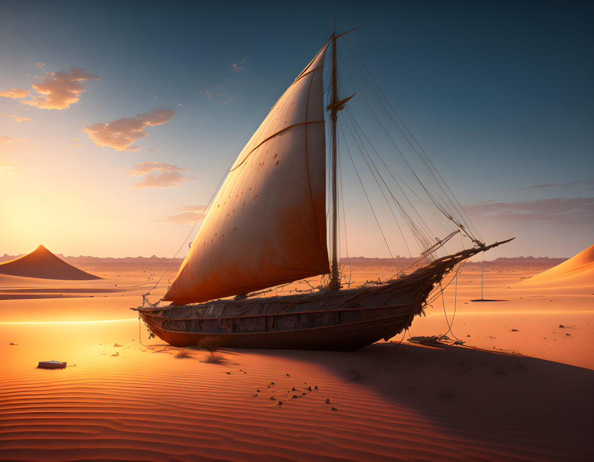 Wooden sailboat stranded on sand dunes under vivid sunset sky