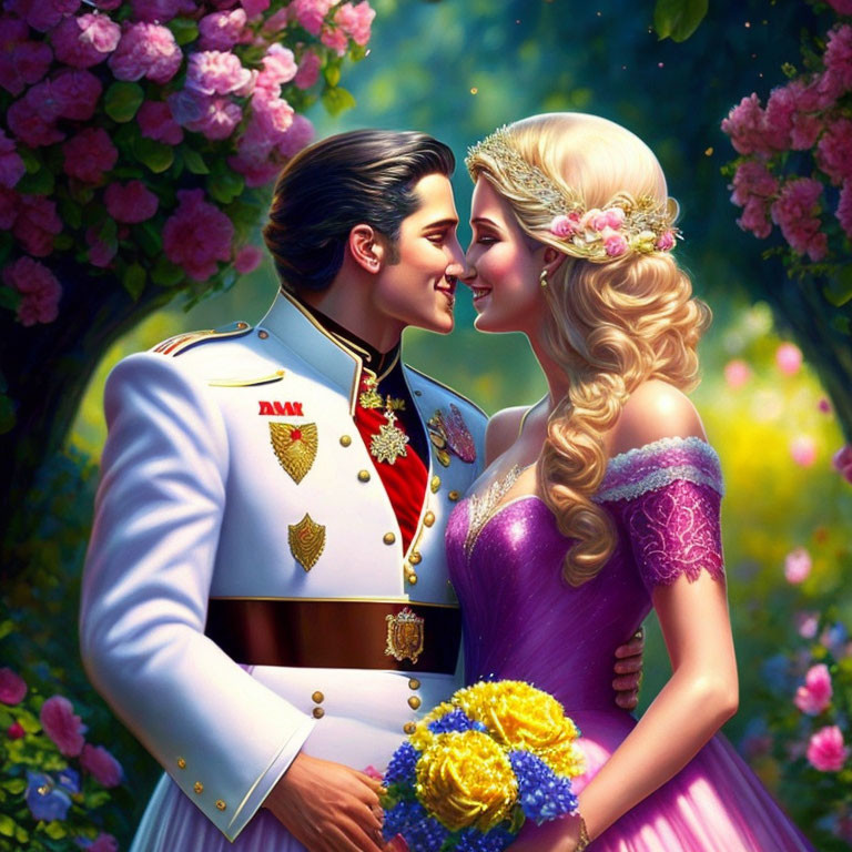 Romantic couple in military uniform and pink dress surrounded by blossoming trees