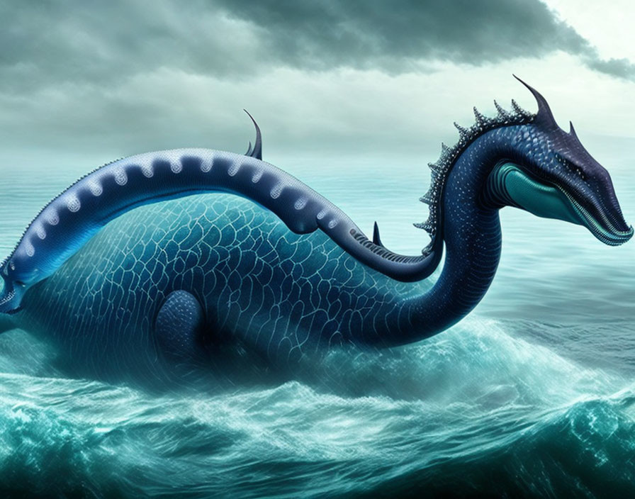 Blue sea serpent with intricate scales and glowing spots in stormy ocean waves