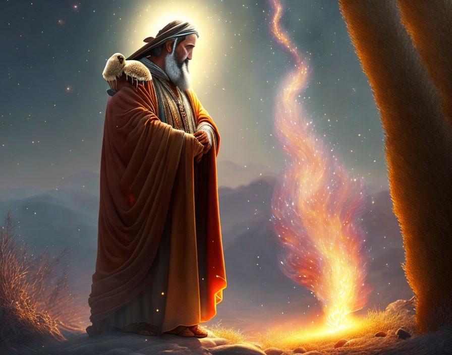 Bearded man in ancient robe gazes at burning bush under starry sky