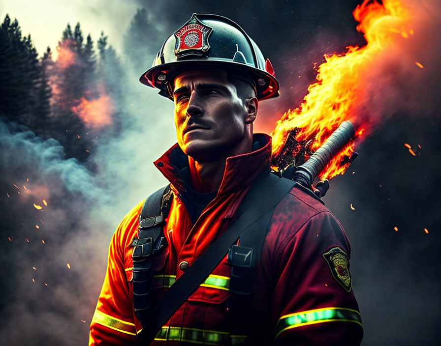 Uniformed firefighter in helmet against fiery backdrop shows determination.