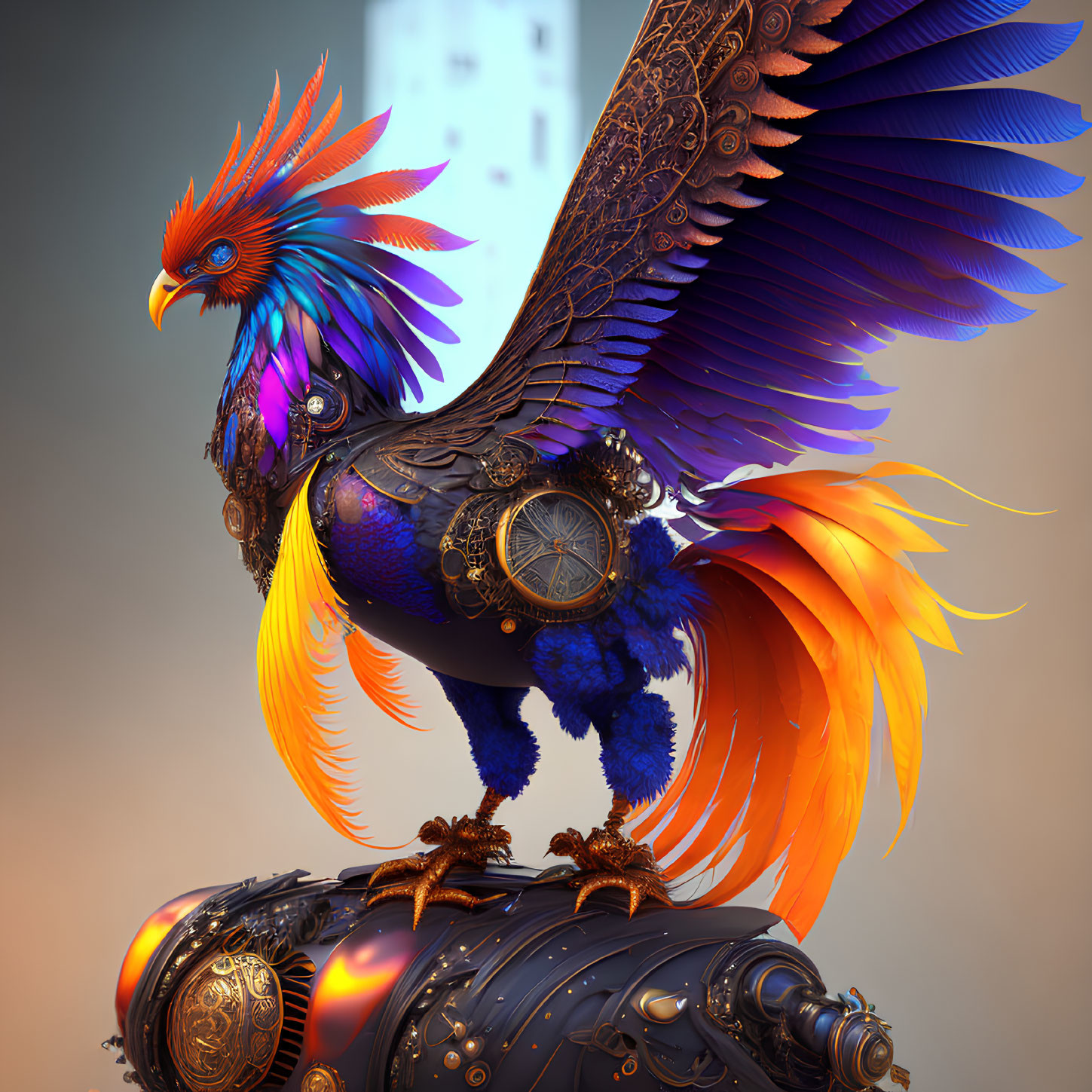 Mechanical mythical bird with fiery tail on steampunk structure