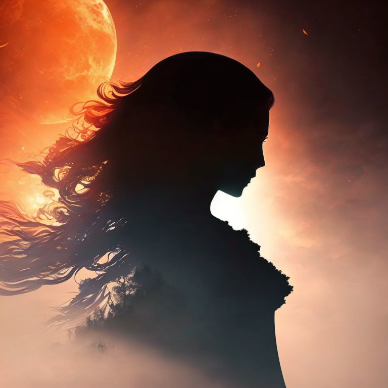 Silhouette of woman with flowing hair against fiery sky and red planet