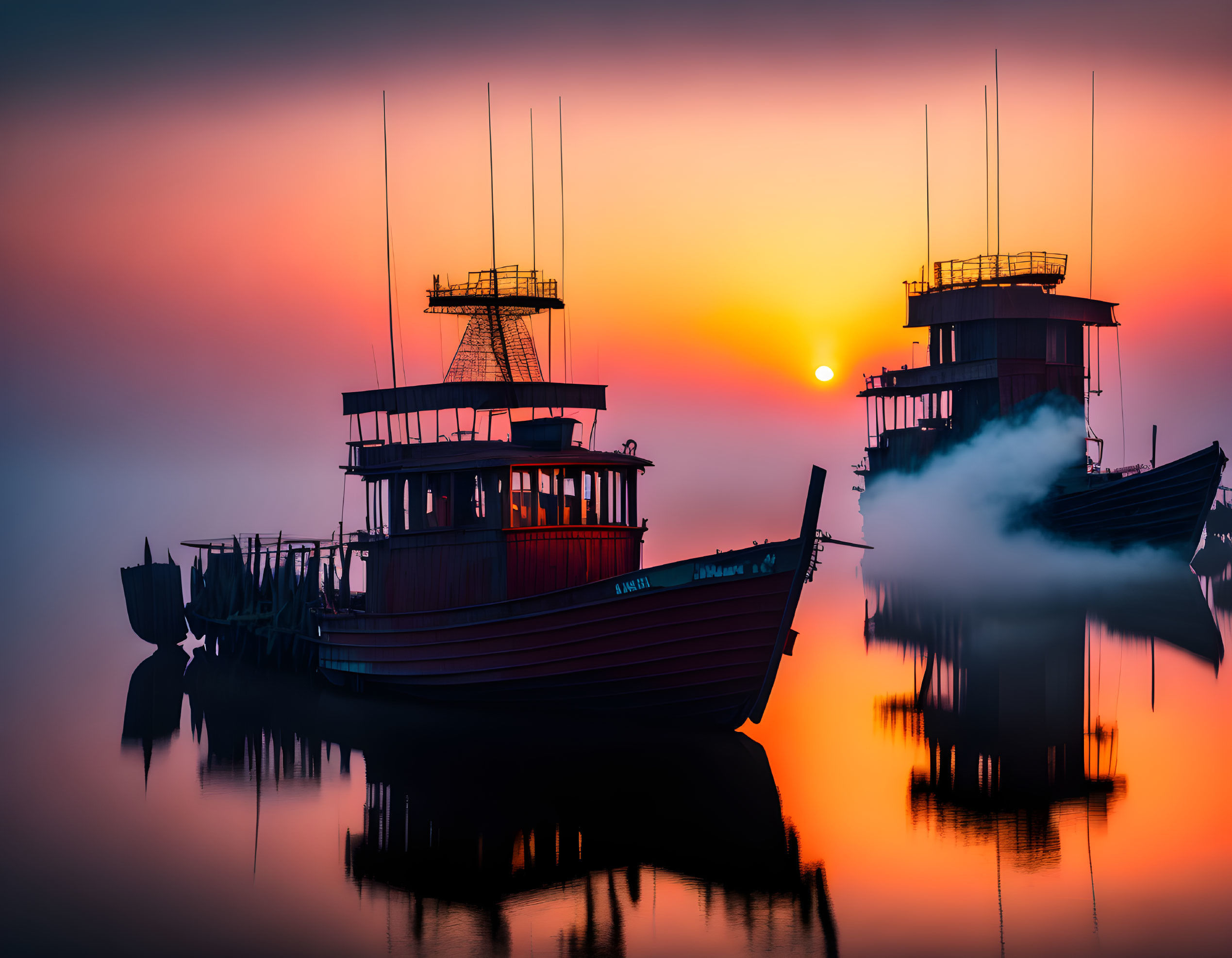 Hazy sunset at dock with boat silhouettes in orange-pink sky