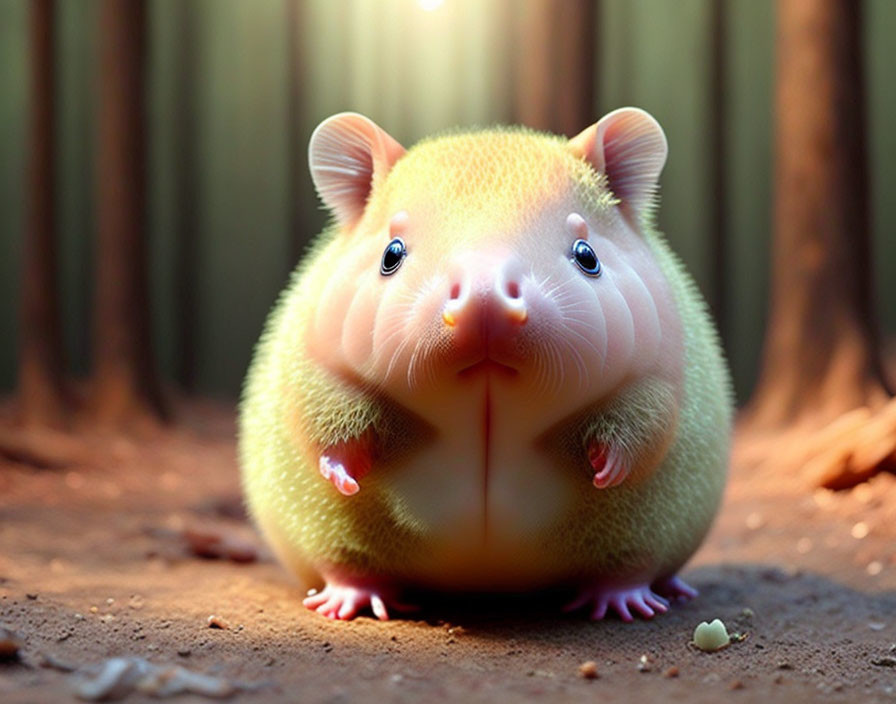 Chubby hamster-like creature with big eyes on dirt ground