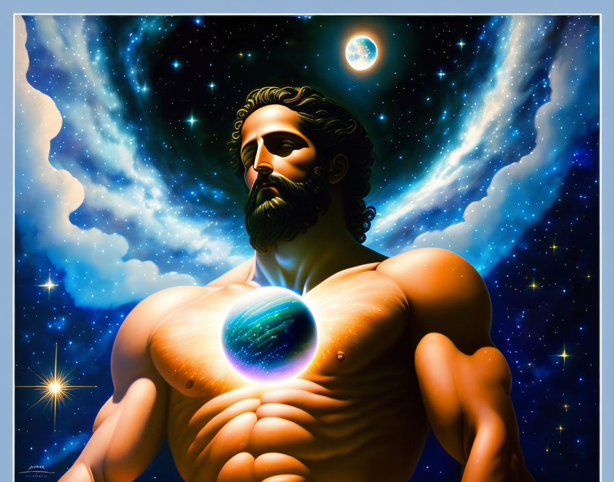 Muscular bearded figure holding glowing orb in cosmic scene