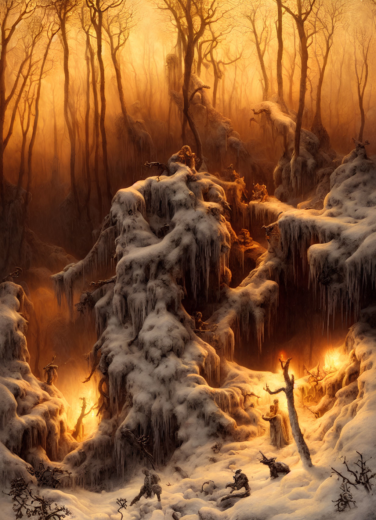 Mystical frozen forest with icicles and golden light