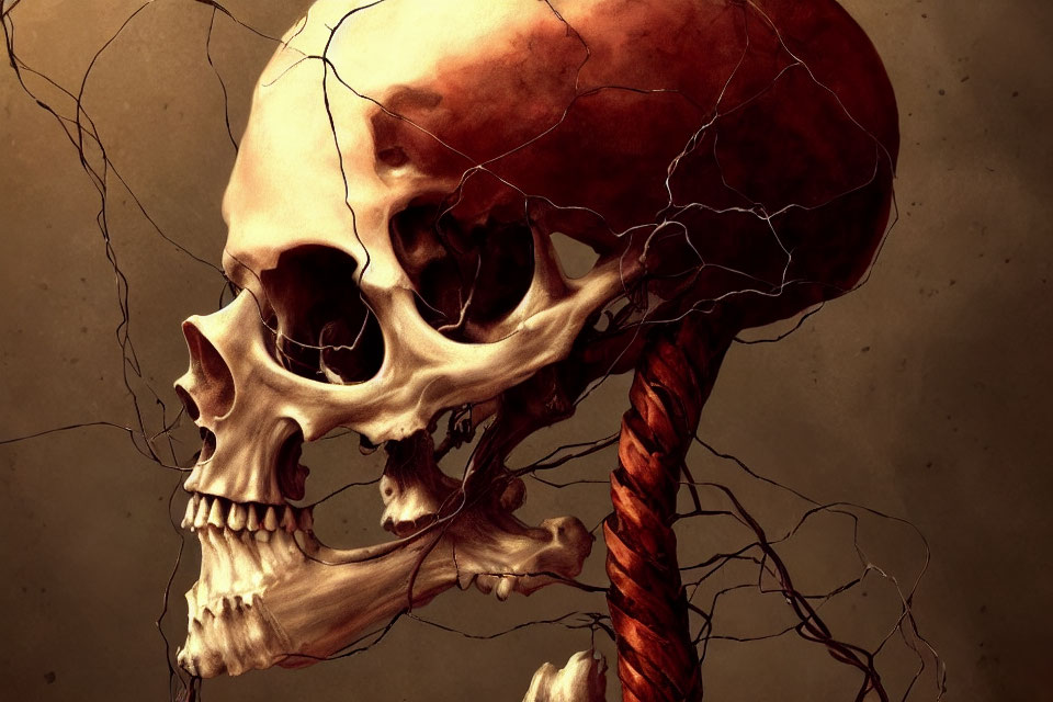 Illustration of two human skulls connected by twisted cord on brown background