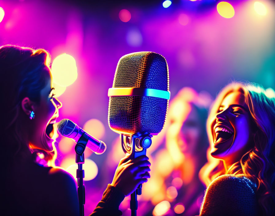 Vibrant stage lighting illuminates woman singing to crowd