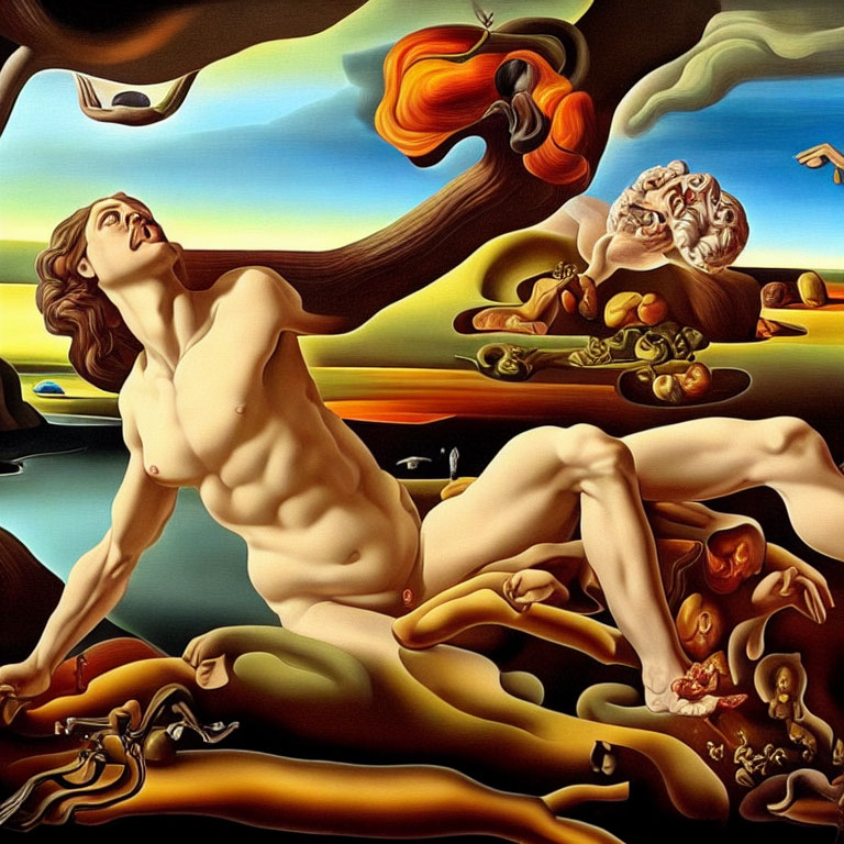 Surrealist painting of muscular figure in dream-like landscape