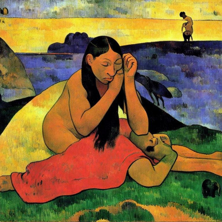 Vibrant painting of two figures lounging in dream-like landscape