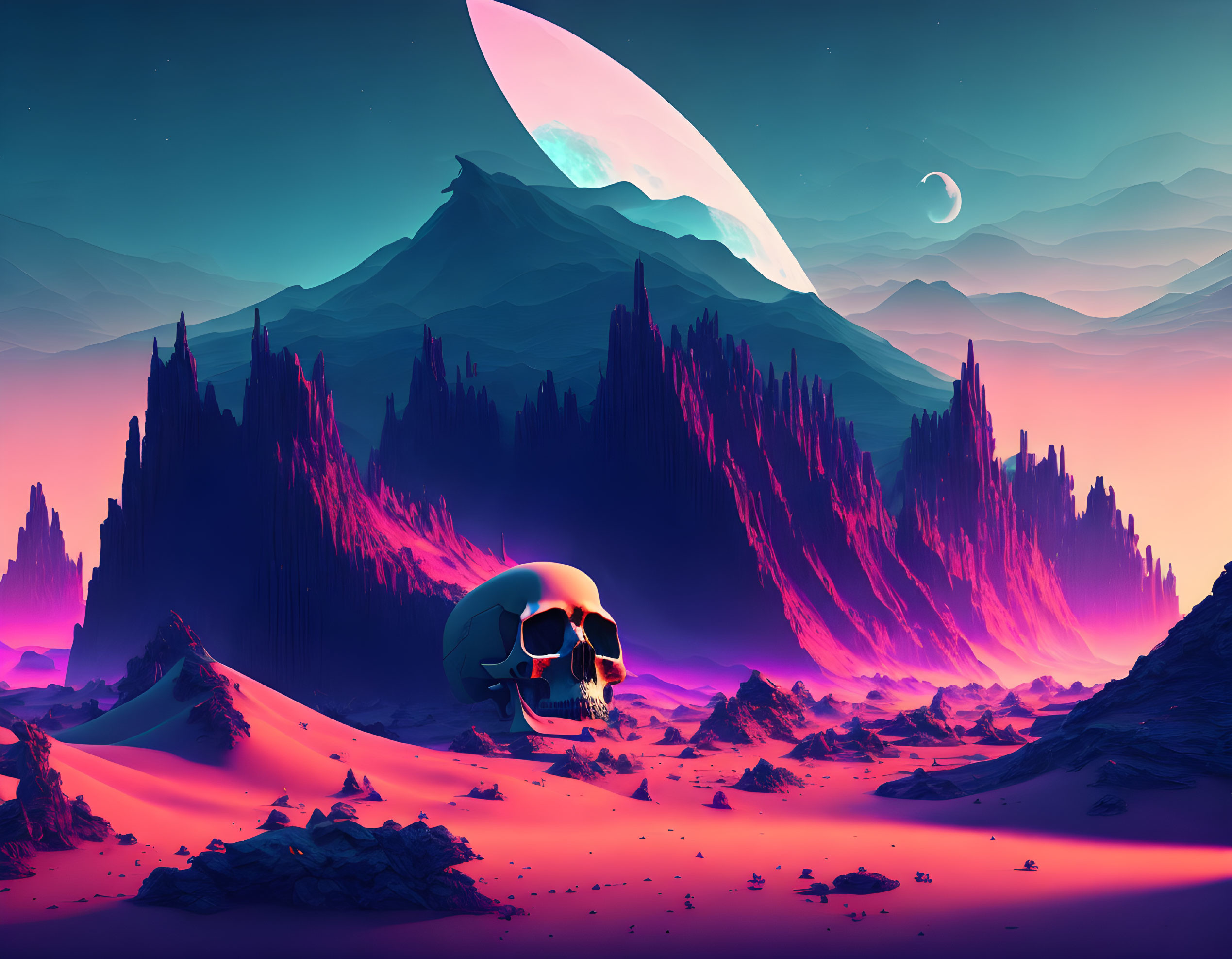 Surreal landscape with giant skull, mountains, pink and blue sky, and large moon