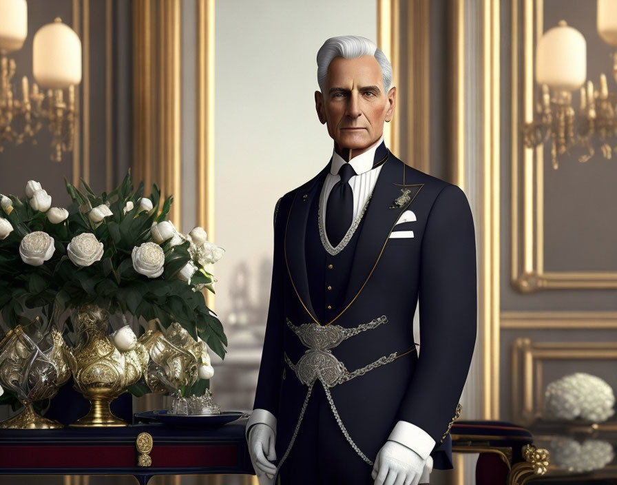 Animated gentleman in formal uniform with medals in luxurious room with roses.