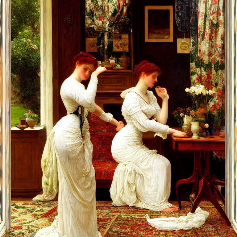 Two women in white dresses by wooden table with flowers in room with floral wallpaper.