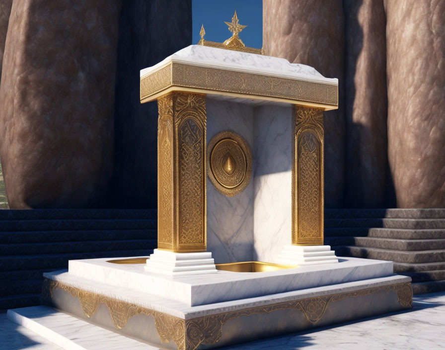 Ornate white and gold altar in 3D rendering among rock formations