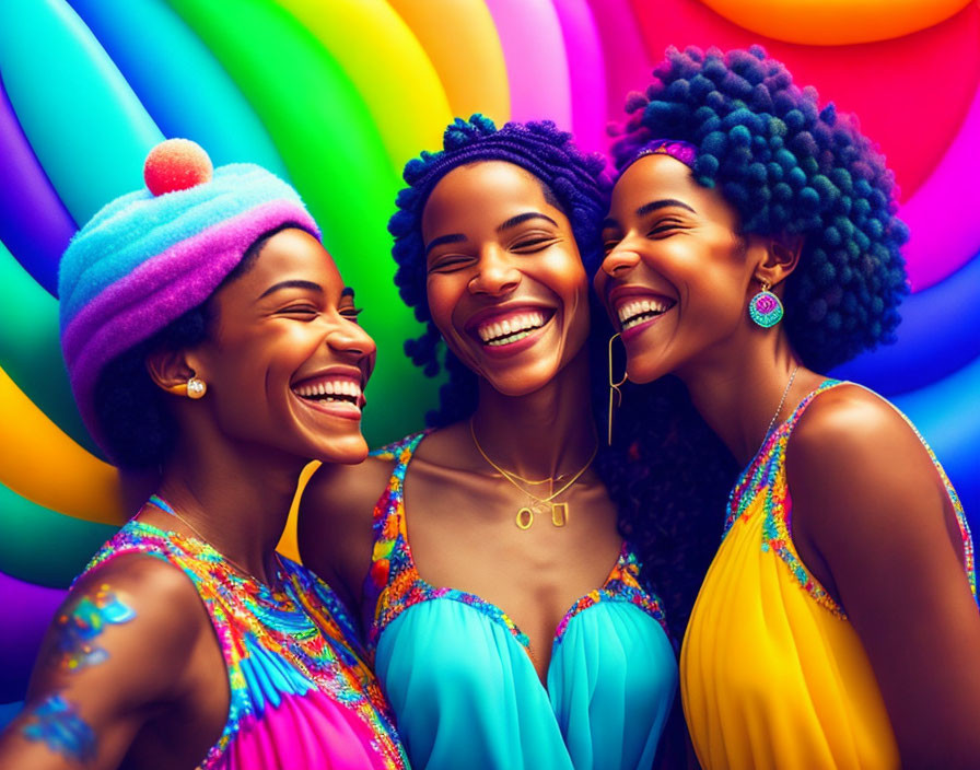 Three women in colorful outfits and hairstyles laughing against vibrant rainbow backdrop