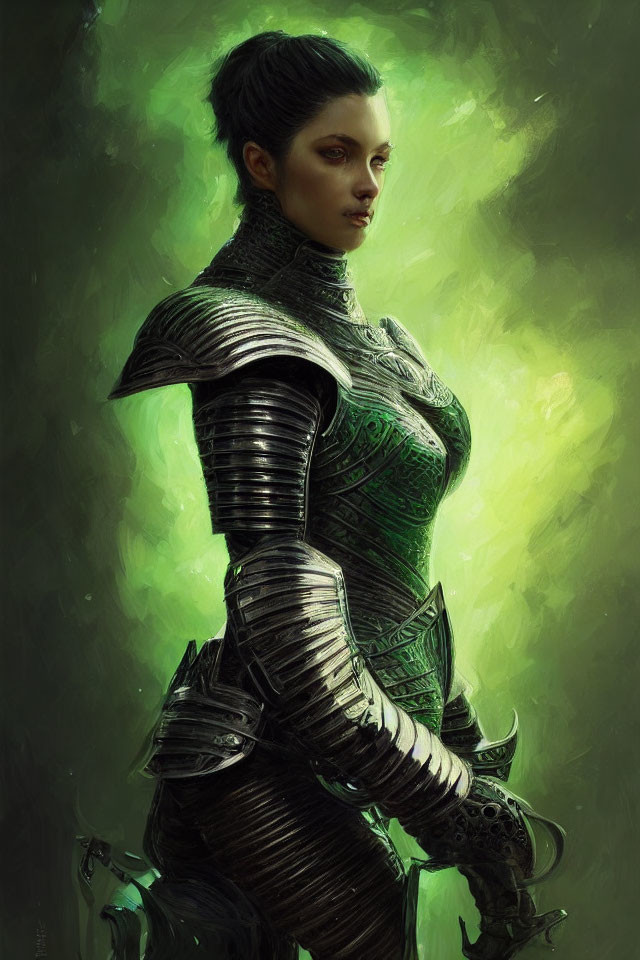 Detailed Green and Black Armor on Stoic Female Warrior