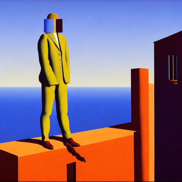 Color-blocked head person on geometric structure with blue sky and sea.