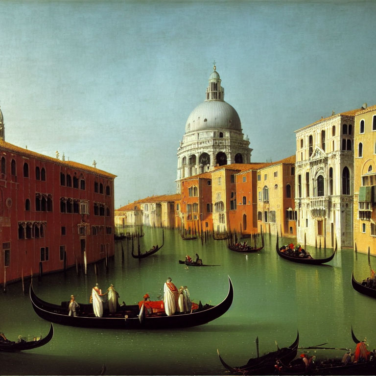 Venetian canal painting with gondolas and grand dome