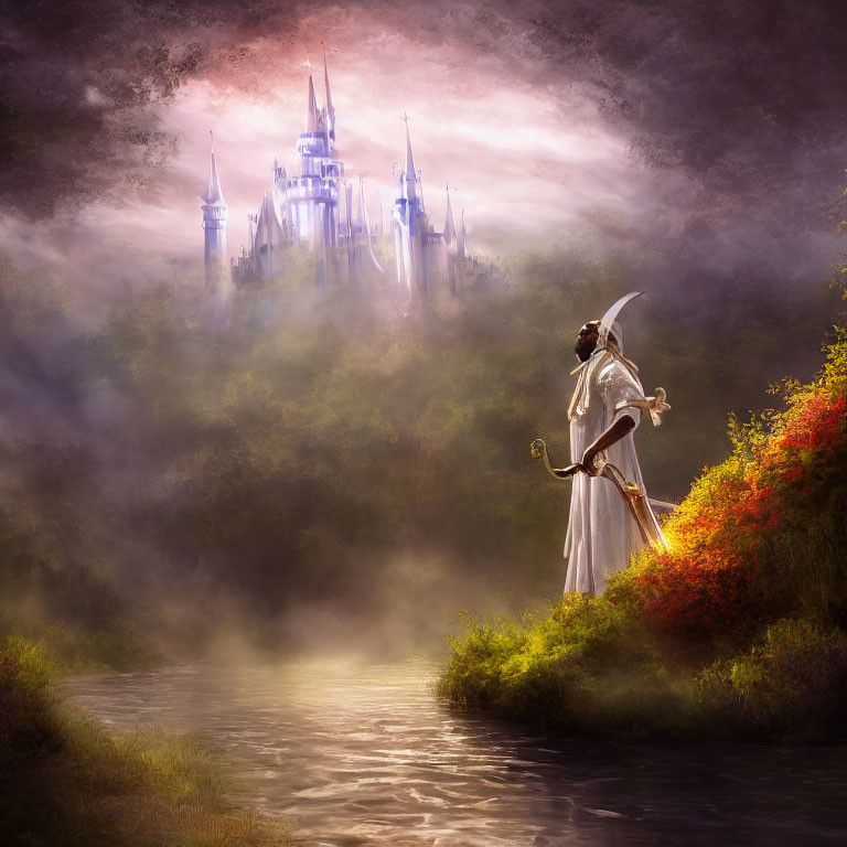 Robed Figure by River with Castle in Mist and Foliage