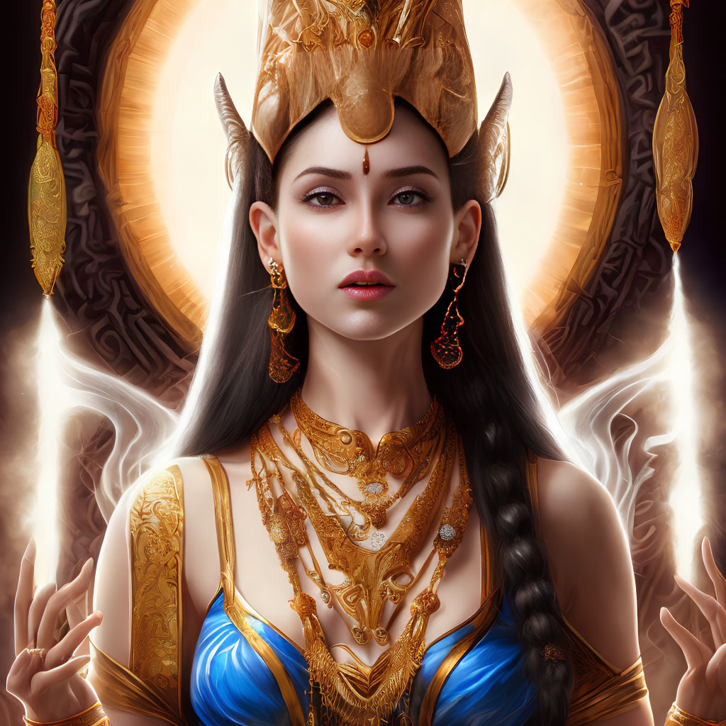 Regal woman in golden crown and blue garment against mystical backdrop