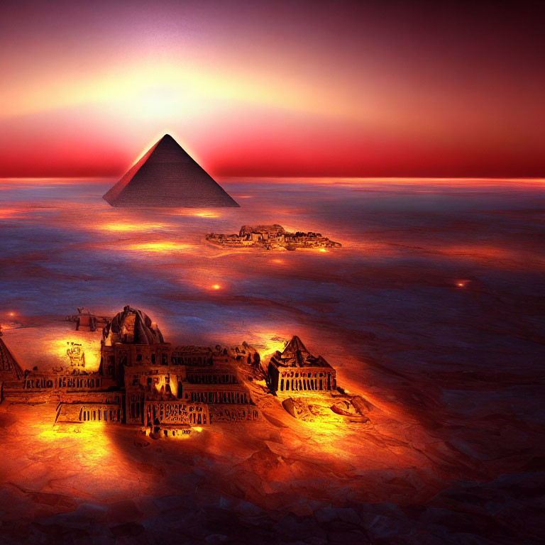 Egyptian pyramid and ancient ruins at sunset with golden lights and red sky