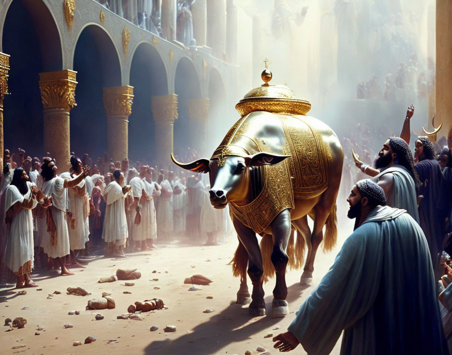 Golden bull statue carried in ancient hall procession with crowd in period attire.