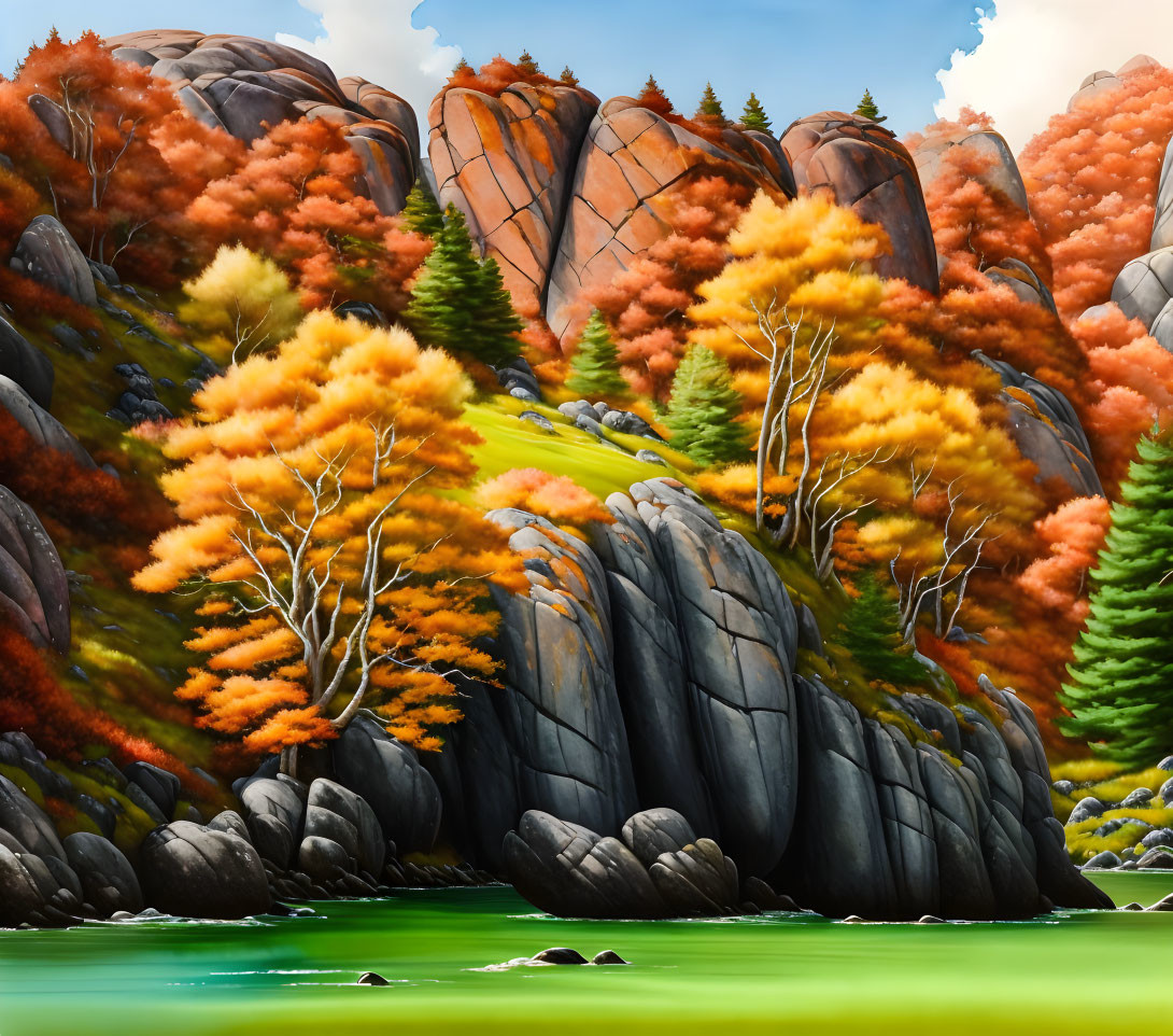 Golden-orange leaves on autumnal trees by rocky hills and calm waters under a clear blue sky