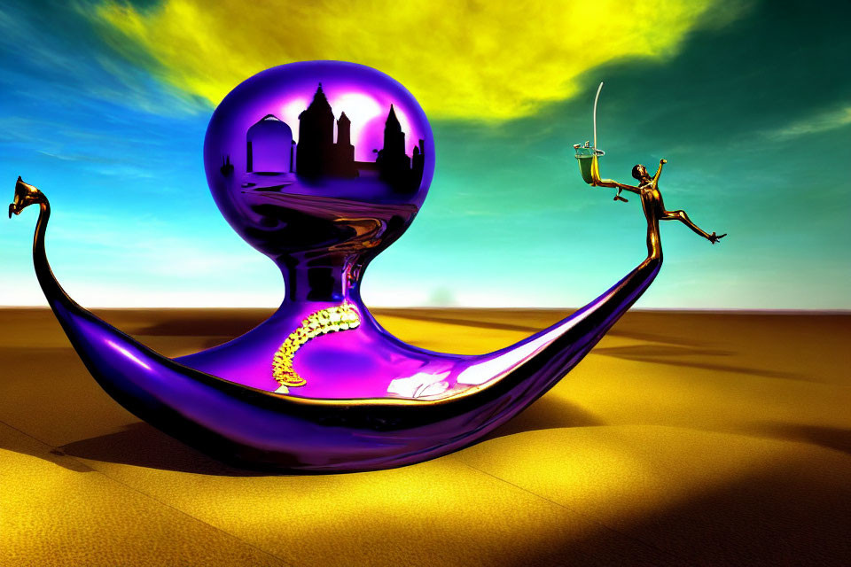 Purple genie lamp with cityscape, leaping figure, and snake arm.