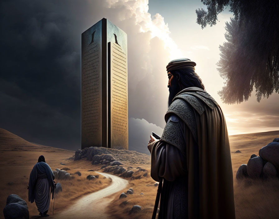 Traditional Robed Man Observes Colossal Tower in Desert Landscape