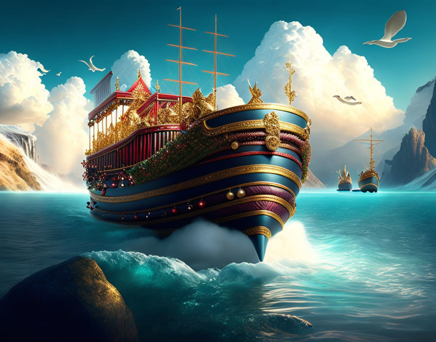 Ornate fantasy ship on ocean with waterfalls, mountains, and birds