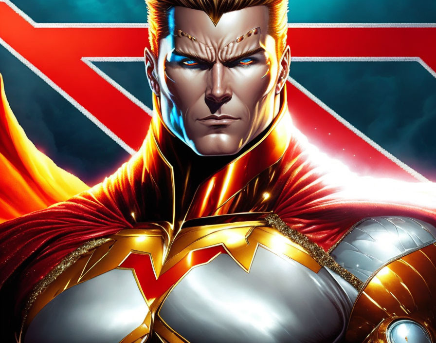 Male superhero with fiery cape & metallic armor on red & blue background