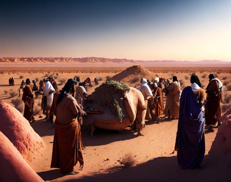 Group of People in Traditional Robes with Camel in Desert Landscape