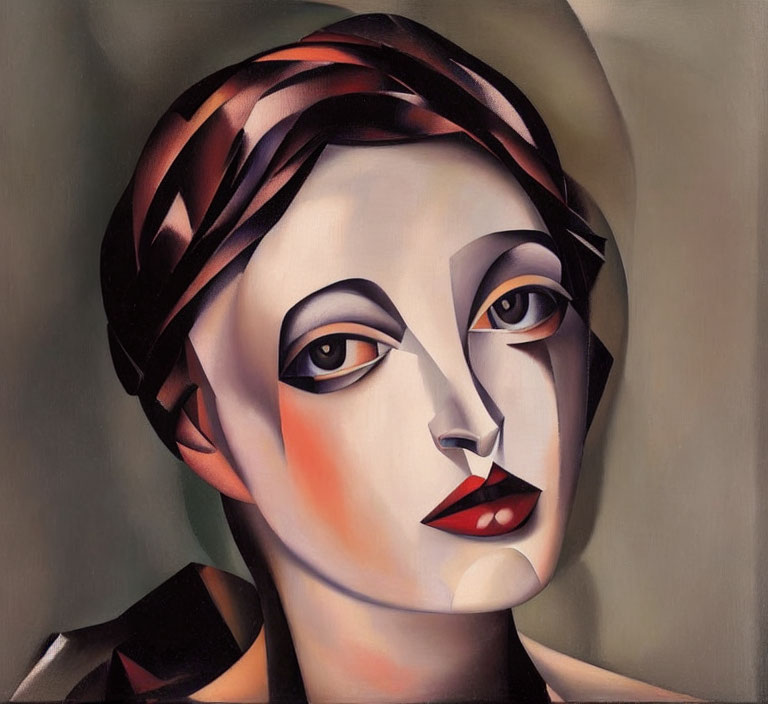 Cubist-style portrait of a woman with red lips and intense gaze