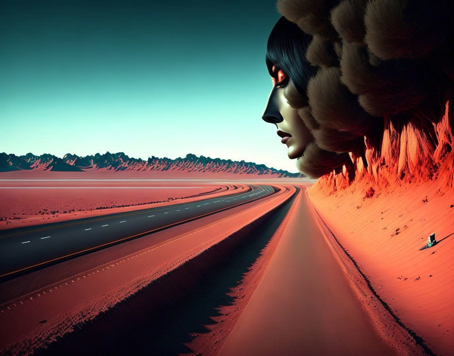 Surreal image: woman's profile merges with desert highway at twilight