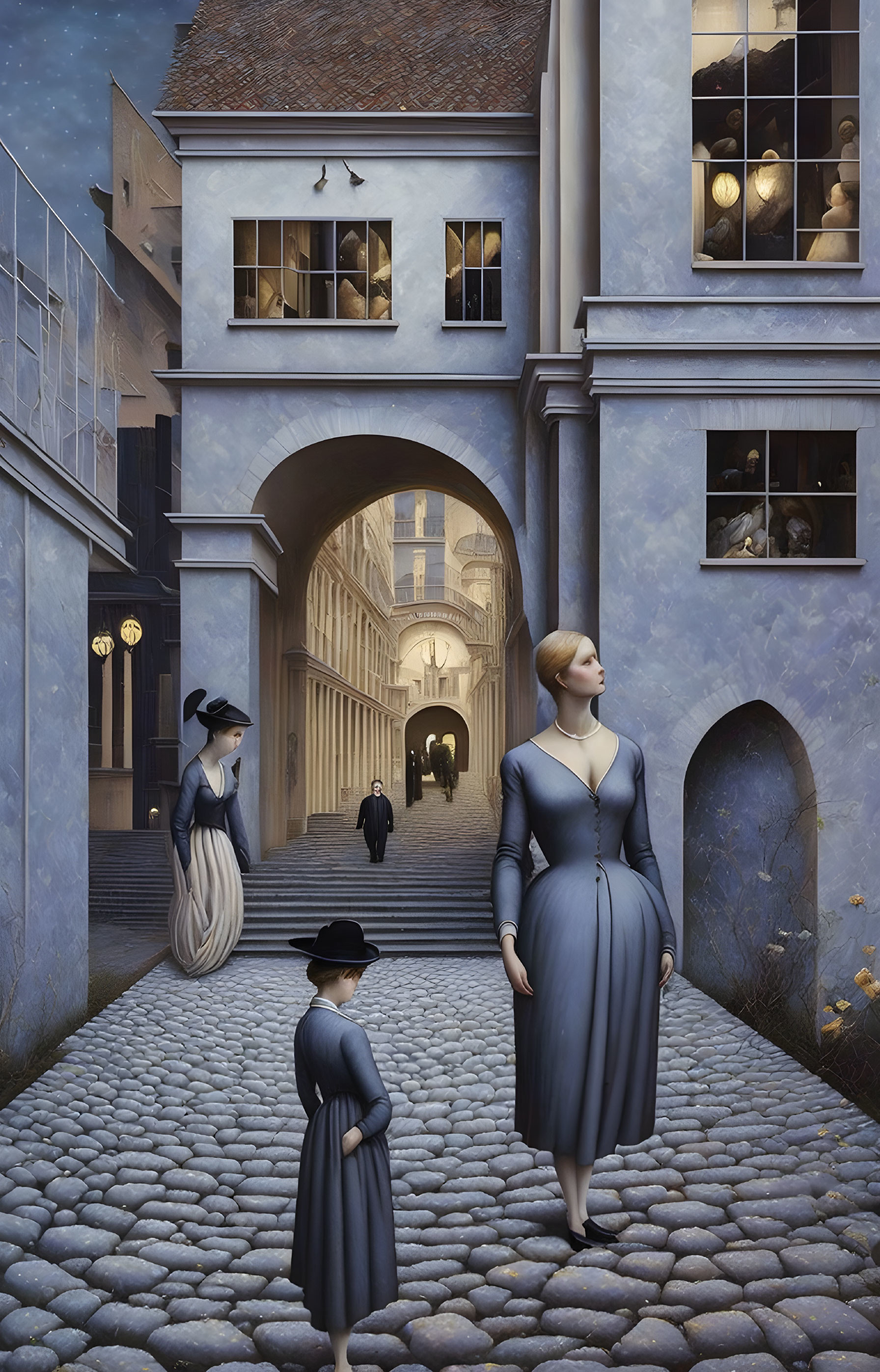 Surreal art: Historical figures on oversized cobblestone street