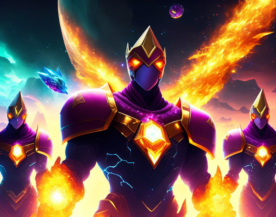 Three armored cosmic beings with glowing eyes in fiery cosmic backdrop