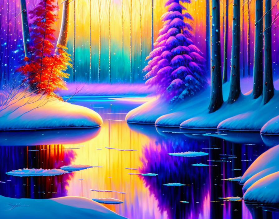 Colorful Winter Landscape with Reflective River and Luminous Sky