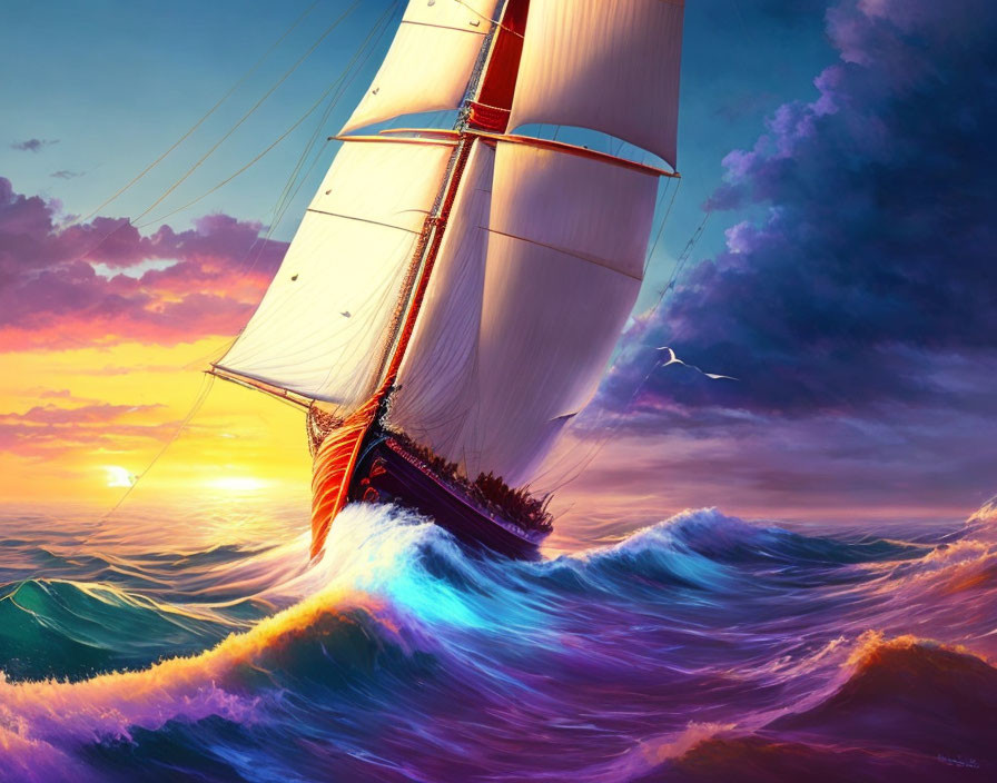 Sailing ship with billowing sails on rough sea waves at vibrant sunset